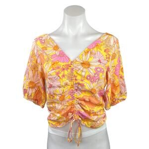 H&M Women's Floral Print V-Neck Puff Sleeve Drawstring Cropped Blouse Top Size M